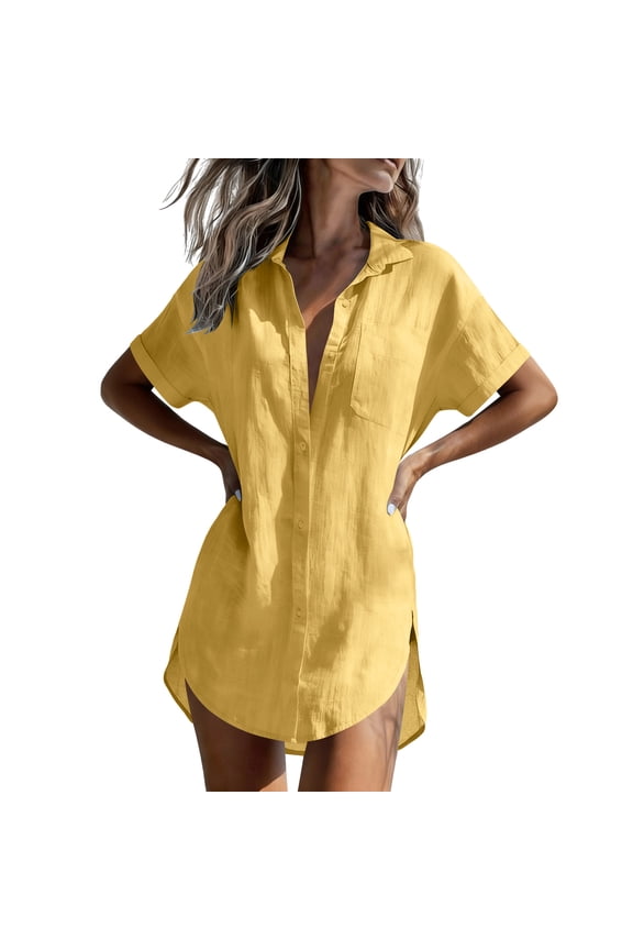 Womens Swimsuit Button Down Swimwear Shirts Bathing Suit Summer Beach Outfits Tops Yellow,L