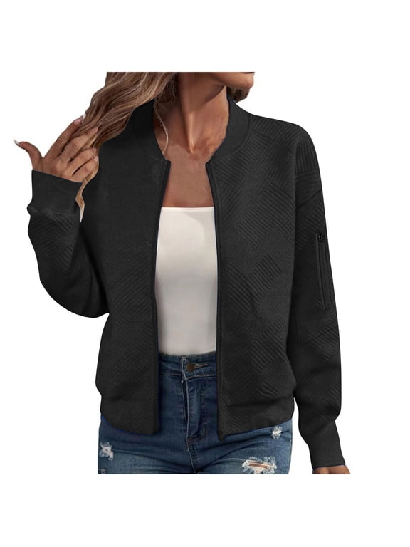 Womens Textured Ribbed Bomber Jacket Stand Collar Arm Tops Relaxed Casual Daily Streetwear Fall Knit Cardigan with Pockets Black,S