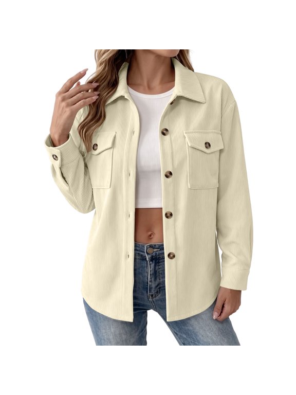 Womens Waffle Button Down Jackets Long Sleeve Shacket Tops with Pocket Collared Business Casual Lightweight Jacket Beige,S