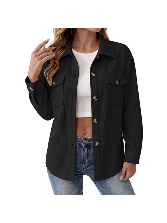 Womens Waffle Button Down Jackets Long Sleeve Shacket Tops with Pocket Collared Business Casual Lightweight Jacket Black,M