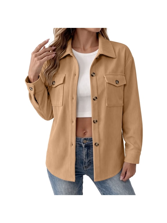 Womens Waffle Button Down Jackets Long Sleeve Shacket Tops with Pocket Collared Business Casual Lightweight Jacket Khaki,L