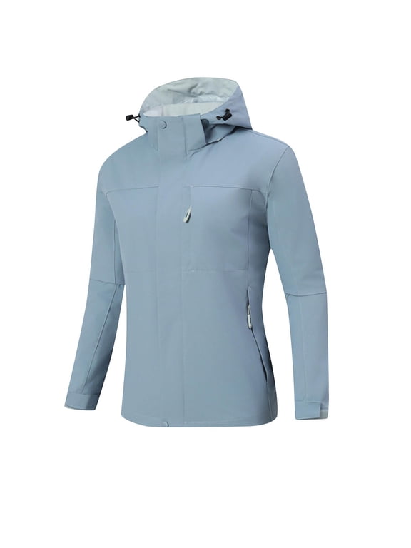 Womens Waterproof Hardshell Jacket with Zip Pockets Adjustable Hem Hooded Hiking Tops Fall Outdoor Windbreaker Coats Blue,2xL