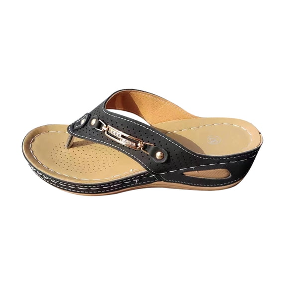 hlysgo Womens Wedge Flip Flops Black Perforated Toe Post Sandals with Metal Buckle Black 37