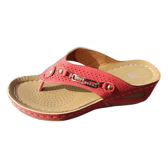 hlysgo Womens Wedge Flip Flops Black Perforated Toe Post Sandals with Metal Buckle Red 37