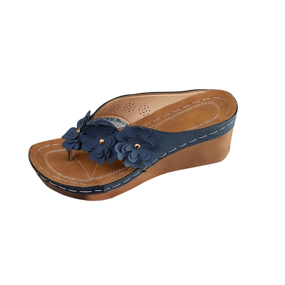 hlysgo Womens Wedge Slide Sandals Summer Beach Flip Flops with Flower Comfortable Outdoor Dressy Thong Slipper Blue 38