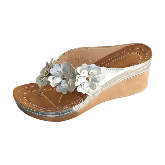 hlysgo Womens Wedge Slide Sandals Summer Beach Flip Flops with Flower Comfortable Outdoor Dressy Thong Slipper Silver 36