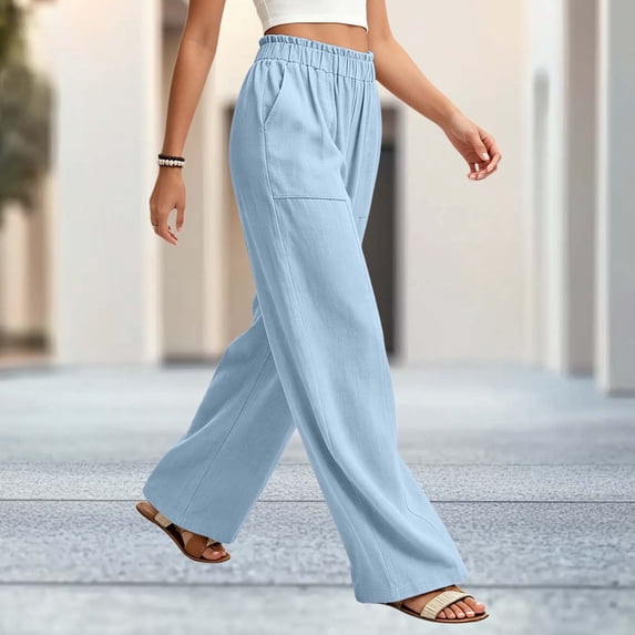 hlysgo Womens Wide Leg Palazzo Pants High Waisted Casual Lounge Pants 2026 Beach Vacation Outfits Trousers with Pockets Light Blue,S