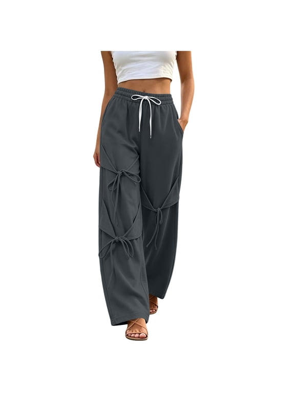 Womens Wide Leg Sweatpants Multi Tie Bow Drawstring Waist Pant Loungewear Fall Winter Street Casual Trousers with Pockets Gray,XL