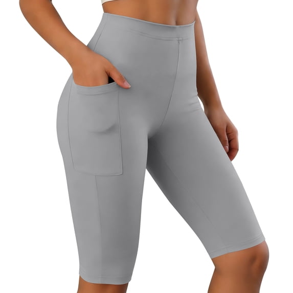 hlysgo Womens Yoga Capris Pants Knee Length Leggings High Waisted Elastic Comfort Trouser Solid Workout Gym Pant with Pocket Gray,M