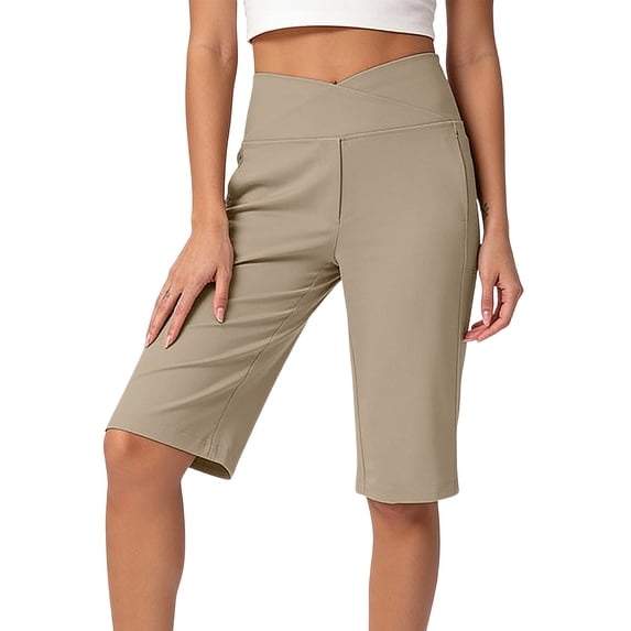 hlysgo Womens Yoga Leggings Shorts Elastic High Waist Casual Knee Length Short Workout Jogging Gym Short Khaki,L
