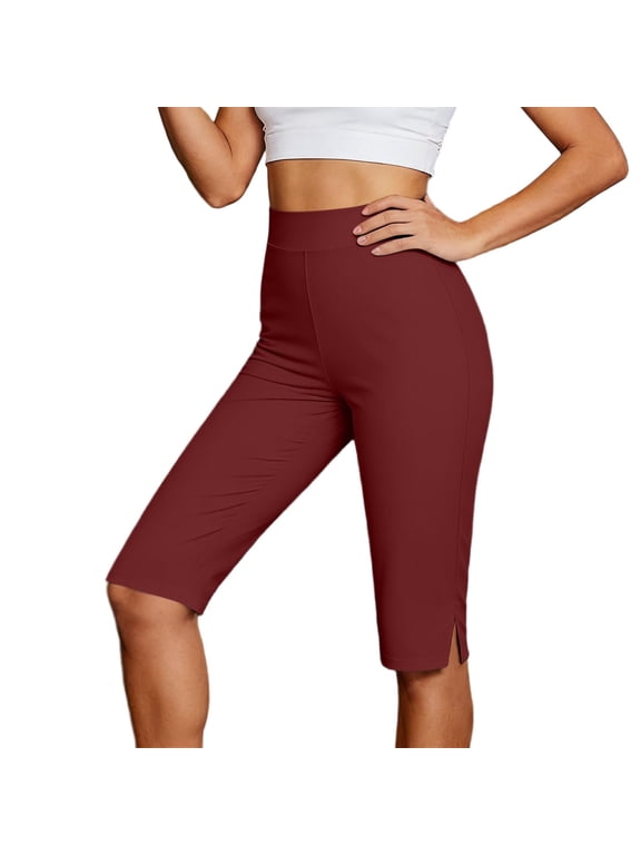 Womens Yoga Leggings Shorts Tummy Control High Elastic Waist Split Knee Length Short Workout Gym Short Wine,L