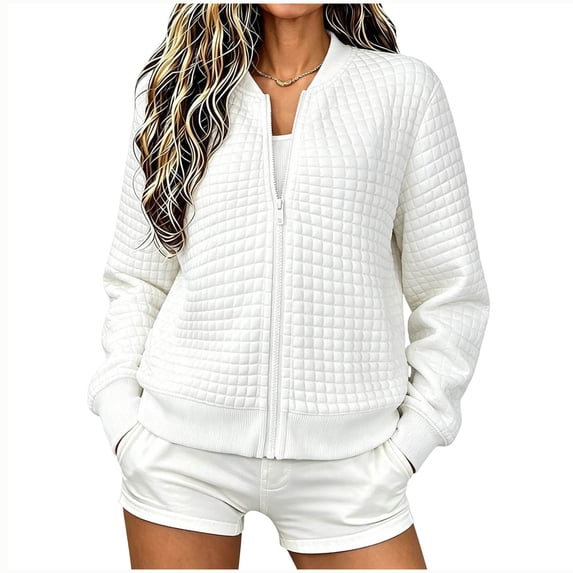 hlysgo Womens Zip Up Jackets Quilted Fall Sweater Jackets Casual Stylish Lightweight Fall Winter Wear Jackets with Pockets White,M