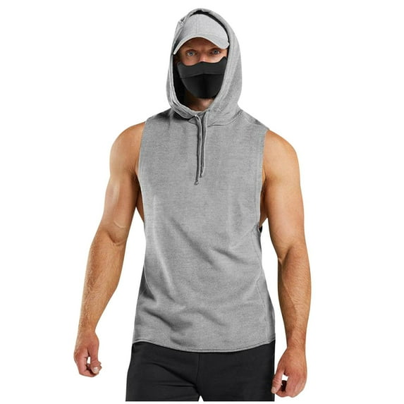 hlysgo Workout Sleeveless Hoodies for Men Big and Tall Solid Color Athletic Gym Cotton Tank Tops Loose Fit Muscle Shirts Gray L