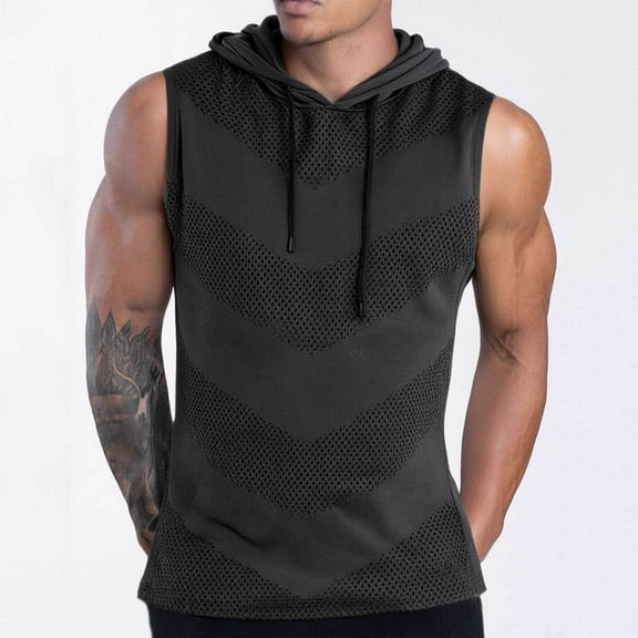 hlysgo Workout Tank Tops for Men Loose Fit Solid Color Athletic Gym Performance Sleeveless Hoodies Breathable Drawstring Pullover Sport Tank Tops Dark Gray XXL
