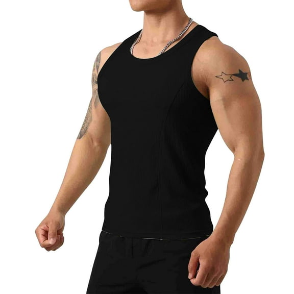 hlysgo Workout Tank Tops for Men Slim Fit Solid Color Round Neck Athletic Gym Running Sleeveless Shirts Causal Shirts Tank Top Undershirt Black M