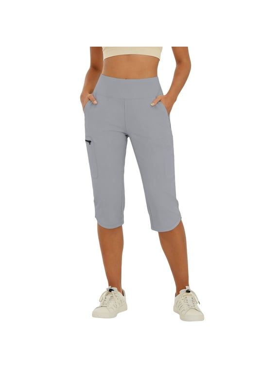 Yoga Capris Pants for Women High Elastic Waist No Front Seam Trousers Workout Gym Knee Length Pant with Pockets Gray,L