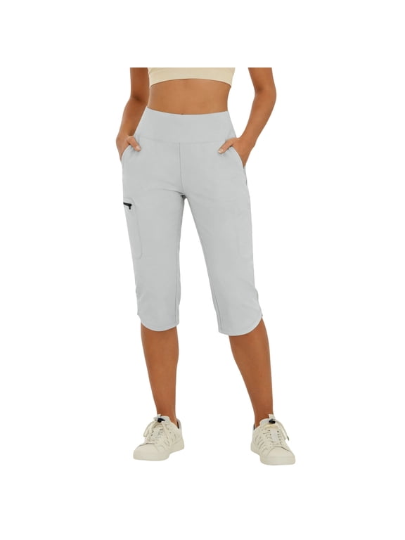 Yoga Capris Pants for Women High Elastic Waist No Front Seam Trousers Workout Gym Knee Length Pant with Pockets White,M