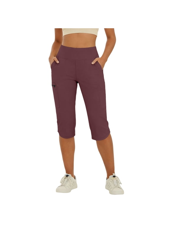 Yoga Capris Pants for Women High Elastic Waist No Front Seam Trousers Workout Gym Knee Length Pant with Pockets Wine,XL