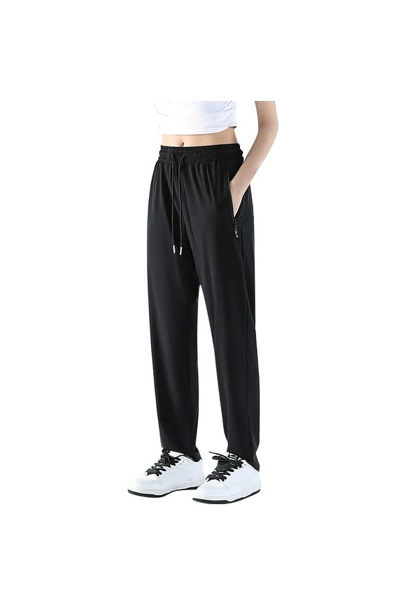 Athletic Pants for Women Dry Fit Ice Silk Lightweight Workout Pants Casual Stretch Loose Straight Leg Sports Running Pants with Pockets Black