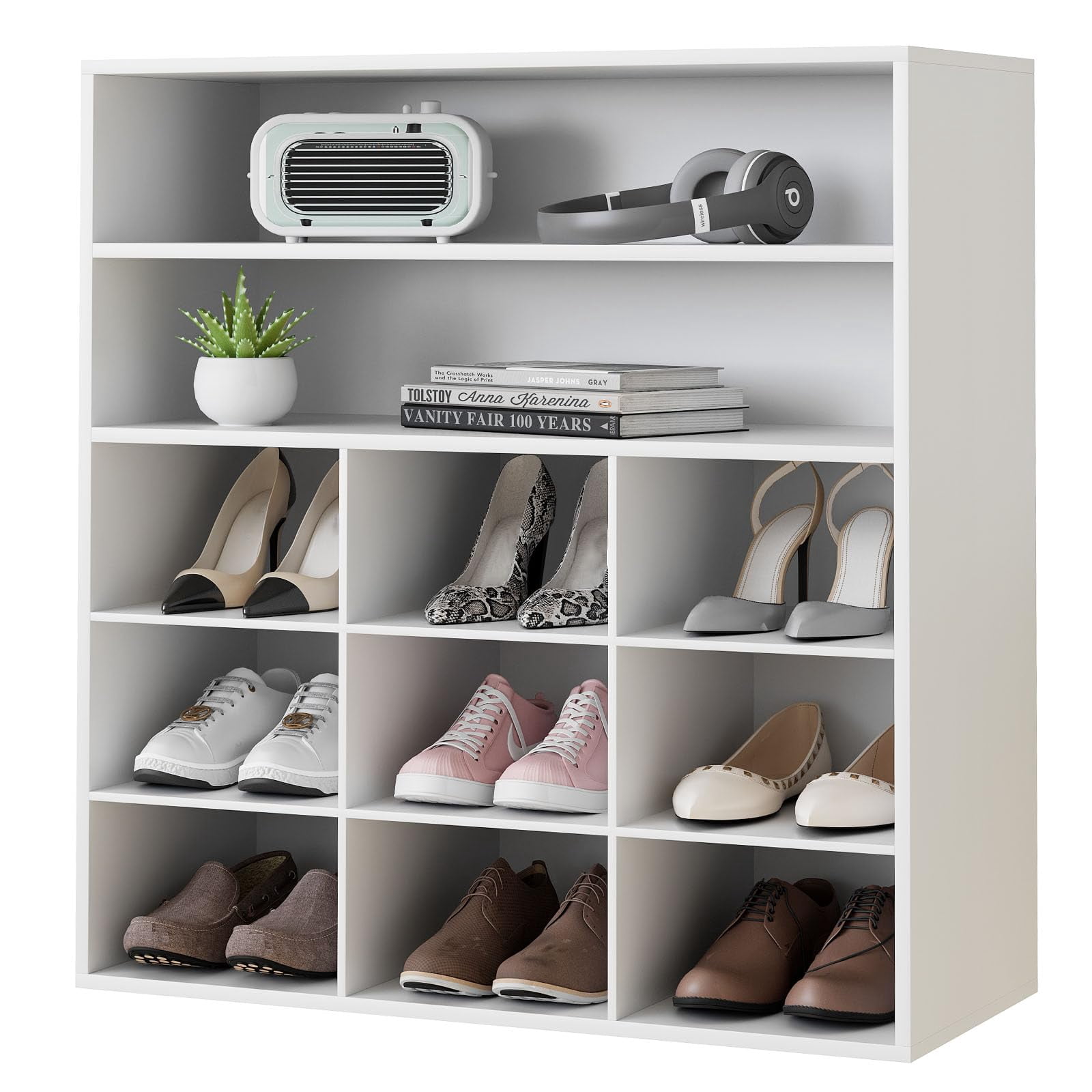 hoe Rack Organizer, 5-Tier Wood Cubby Shoe Rack with 2 Storage Shelf and 9 Cubbies, Shoe Organizer Cabinet for Entryway, Hallway, Closet and Garage, White
