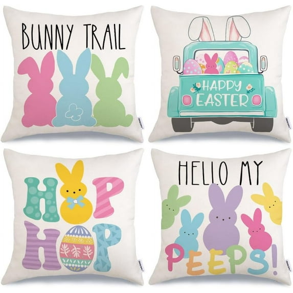 hofaaa Easter Pillow Covers 18x18 Set of 4 Easter Decorations for Home Bunny Truck Hello Peeps Hip Hop Pillows Easter Decorative Throw Pillows Spring Easter Farmhouse Decor GA477-18