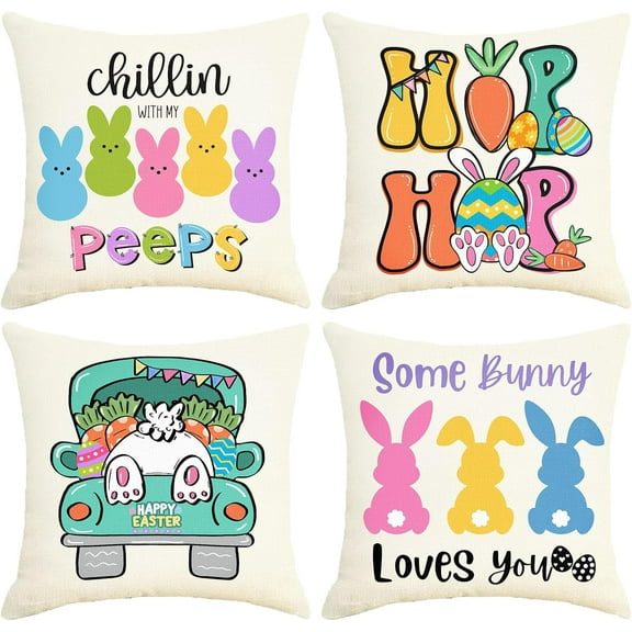 hofaaa Easter Pillow Covers 18x18 Set of 4, Easter Decorations Throw Pillow Cases, Happy Easter Bunny Peeps Decor, Easter Rabbit Decorations Spring Throw Pillow Cover for Home Sofa Couch