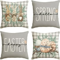 hofaaa Happy Easter Bunny Eggs Grey Buffalo Plaid Throw Pillow Covers, 18 x 18 Inch Hello Spring Rabbit Cushion Case Decoration for Sofa Couch Set of 4