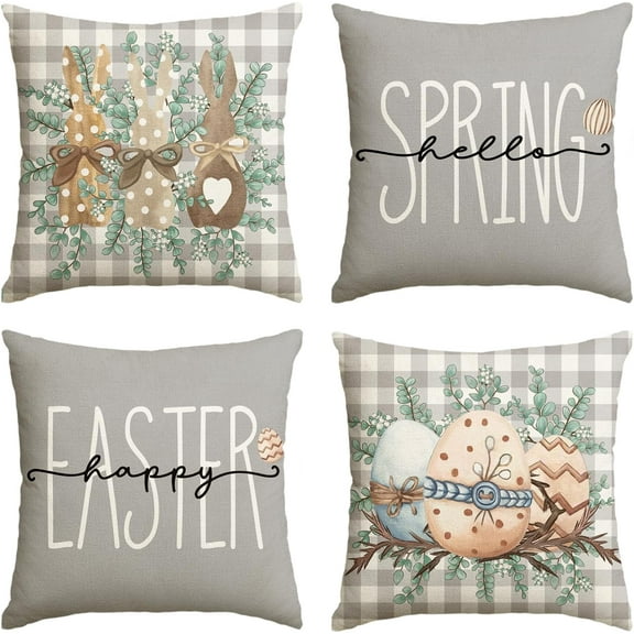hofaaa Happy Easter Bunny Eggs Grey Buffalo Plaid Throw Pillow Covers, 18 x 18 Inch Hello Spring Rabbit Cushion Case Decoration for Sofa Couch Set of 4