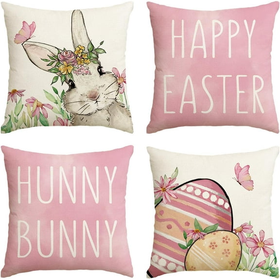 hofaaa Happy Easter Hunny Bunny Pink Throw Pillow Covers, 20 x 20 Inch Easter Eggs Bunny Spring Cushion Case for Sofa Couch Set of 4