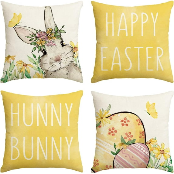 hofaaa Happy Easter Hunny Bunny Yellow Throw Pillow Covers, 18 x 18 Inch Easter Eggs Bunny Spring Cushion Case for Sofa Couch Set of 4