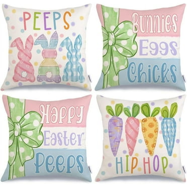 hofaaa Happy Easter Peeps Pillow Covers 18x18 Inch Set of 4, Striped Bunnies Eggs Chicks Rabbits Carrots Decorative Farmhouse Throw Pillowcases for Home Sofa Couch Decoration G461-18