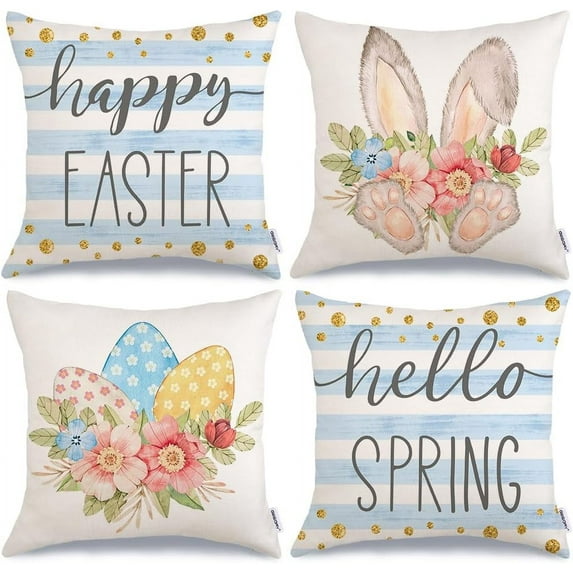hofaaa Happy Easter Pillow Covers 18x18 Inch Set of 4, Striped Hello Spring Floral Bunny Rabbit Eggs Decorative Farmhouse Throw Pillowcases for Home Sofa Couch Decoration (Blue) G453-18