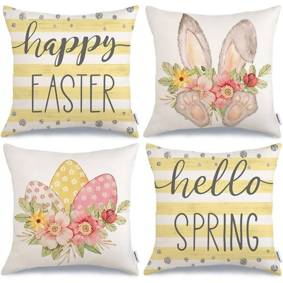 hofaaa Happy Easter Pillow Covers 20x20 Inch Set of 4, Striped Hello Spring Floral Bunny Rabbit Eggs Decorative Farmhouse Throw Pillowcases for Home Sofa Couch Decoration (Yellow) G452-20