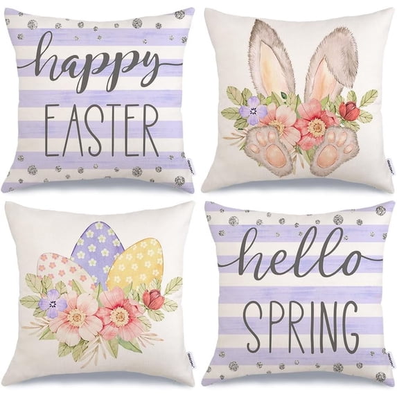 hofaaa Happy Easter Pillow Covers 20x20 Inch Set of 4, Striped Hello Spring Floral Bunny Rabbit Eggs Decorative Farmhouse Throw Pillowcases for Home Sofa Couch Decoration (Purple) G454-20