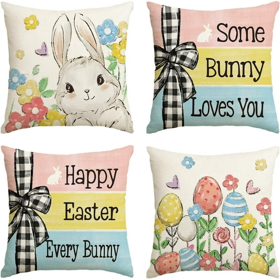 hofaaa Happy Easter Some Bunny Loves You Throw Pillow Covers, 18 x 18 Inch Buffalo Plaid Easter Eggs Cushion Case Decoration for Sofa Couch Set of 4