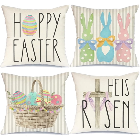 hofaaa Happy Easter Throw Pillow Covers 20x20 Set of 4 Bunny He is Risen Cross Eggs Spring Home Decor for Couch G261-20
