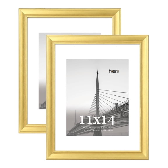 hogarte 11x14 Wooden Picture Frames Set of 2, with 8x10 Mat, Gold