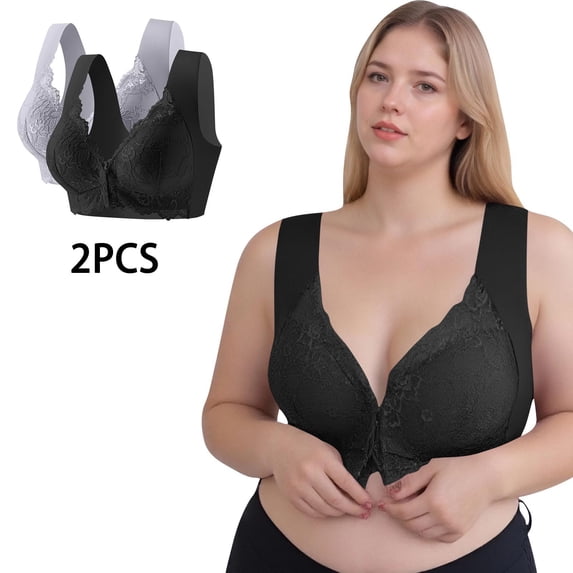 hoksml 2-Pack Women's Front Closure Wireless Bras, M-5XL Plus Size Lace Comfort Bras with Wide Straps