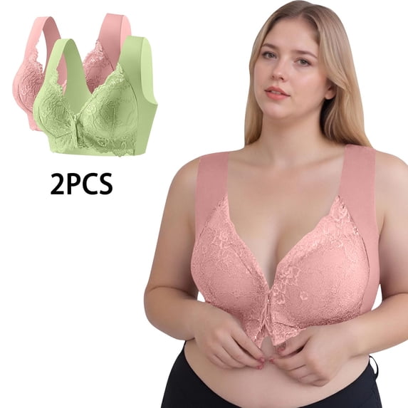 hoksml 2-Pack Women's Front Closure Wireless Bras, M-5XL Plus Size Lace Comfort Bras with Wide Straps