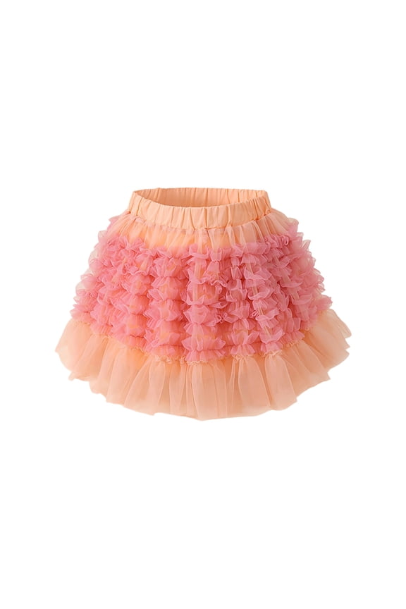 3-12 Years Girls' Fashion Sweet Puff Cake Skirt Splicing Mesh Skorts Pleated Flowing Dance Ballet Half Skirt