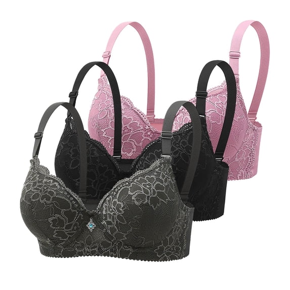 hoksml 3-Pack Women's Floral Lace Bras, Lightly Padded Full Coverage Comfort Bras with Adjustable Straps