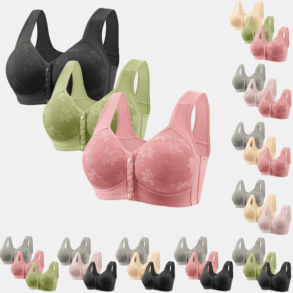 hoksml Women's 3-Pack Front Closure Wirefree Bras - Soft Lace Plus Size Everyday Bras with Full Support and Comfort, Multiple Colors Available