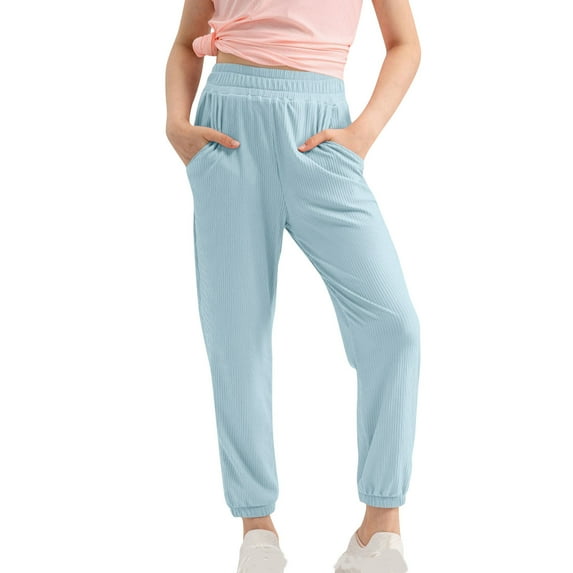 hoksml 5-15 Years Girls' Pants Casual Elastic waist Solid Color Loose Sports Lightweight Breathable Comfortable Ankle Mosquito Pants with Pockets