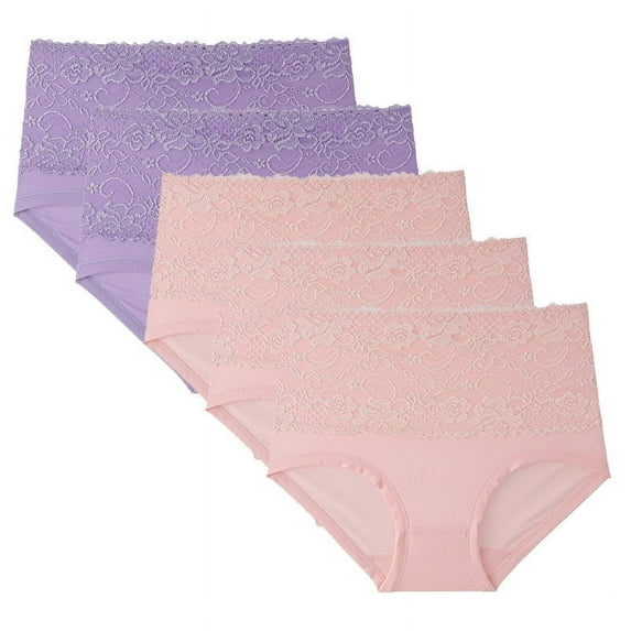 hoksml 5PC Women Lace High Waisted Briefs Solid Color Plus Size Body Shaper Shapewear Panties M-5XL