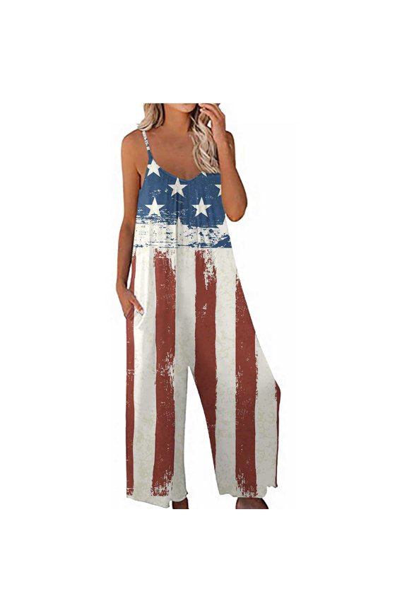 American Flag 4th of July Pants,Women's Casual Jumpsuits Summer Sleeveless Printed Loose Jumpsuit Wide Leg Pant Romper With Pocket
