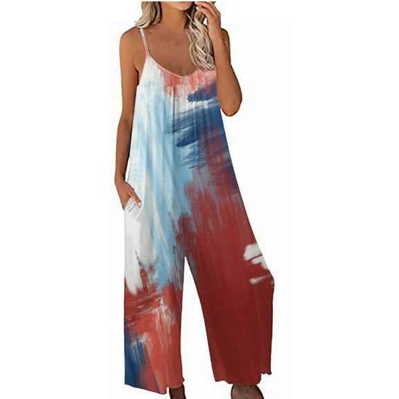 hoksml American Flag 4th of July Pants,Women's Casual Jumpsuits Summer Sleeveless Printed Loose Jumpsuit Wide Leg Pant Romper With Pocket