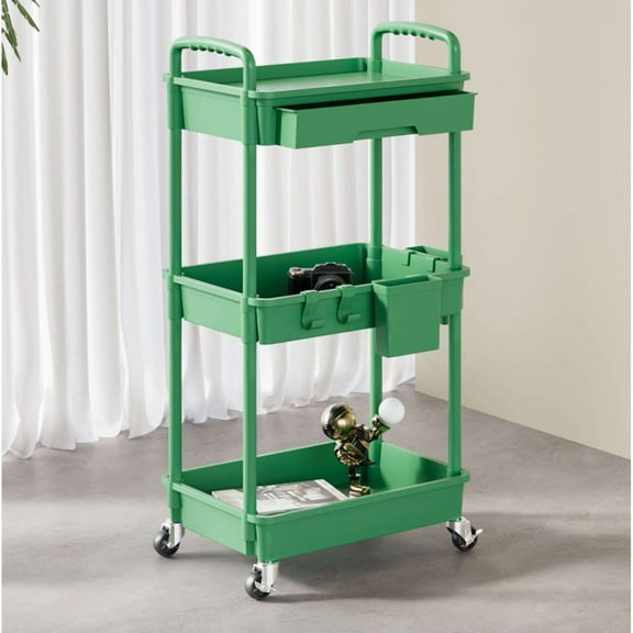 JQDWMDLX 3-Tier Plastic Rolling Utility Cart with Handle, Multi-Functional Storage Trolley for Office, Living Room, Kitchen, Movable Storage Organizer with Wheels,Green