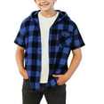 thumbnail image 1 of hoksml Big Boys' Plaid Hooded Shirt with Pockets, Short Sleeve Button-Down Casual Jacket Youth Fashion Layering Top, 1 of 5
