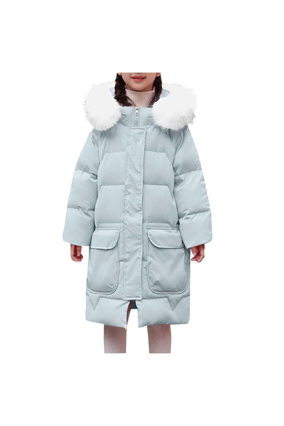 Big Girls (5-16 yrs) Long Puffer Coat with Hood Thick Winter Jacket Zip Up Insulated Parka with Pockets