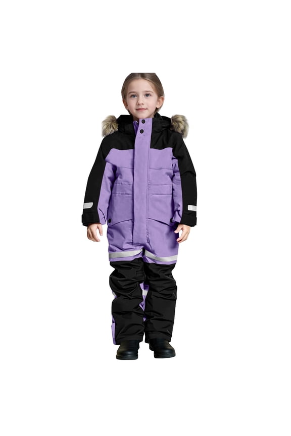 Big Kids' All-in-One Snowsuit 2-Tone Waterproof Ski Suit with Hood Fleece Lined Thermal Snow Gear for Active Boys and Girls